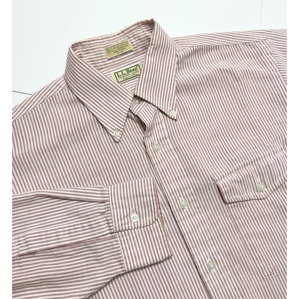 VTG 80s LL Bean Mens 16 34 Pinstriped Oxford Button Down Shirt Distressed Ripped